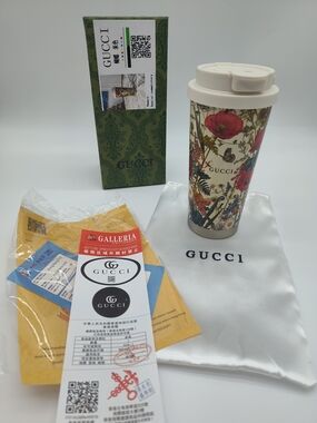 GUCCI Tumbler Asia Exclusive Floral Travel Tumbler Cup Gift Set Box Dust Bag NWT